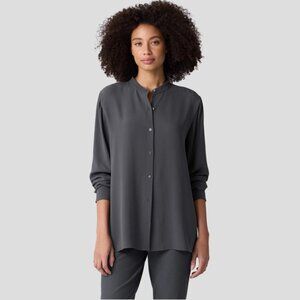 EILEEN FISHER Silk Georgette Crepe Band Collar Shirt Tunic, Light Gray